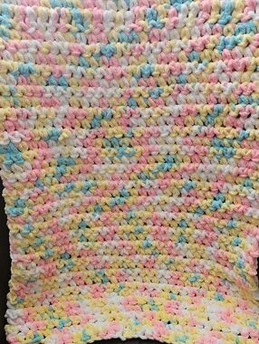 Variegated Pink Yellow Blue Hand Knitted Crochet Baby Blanket Chunky Wool
